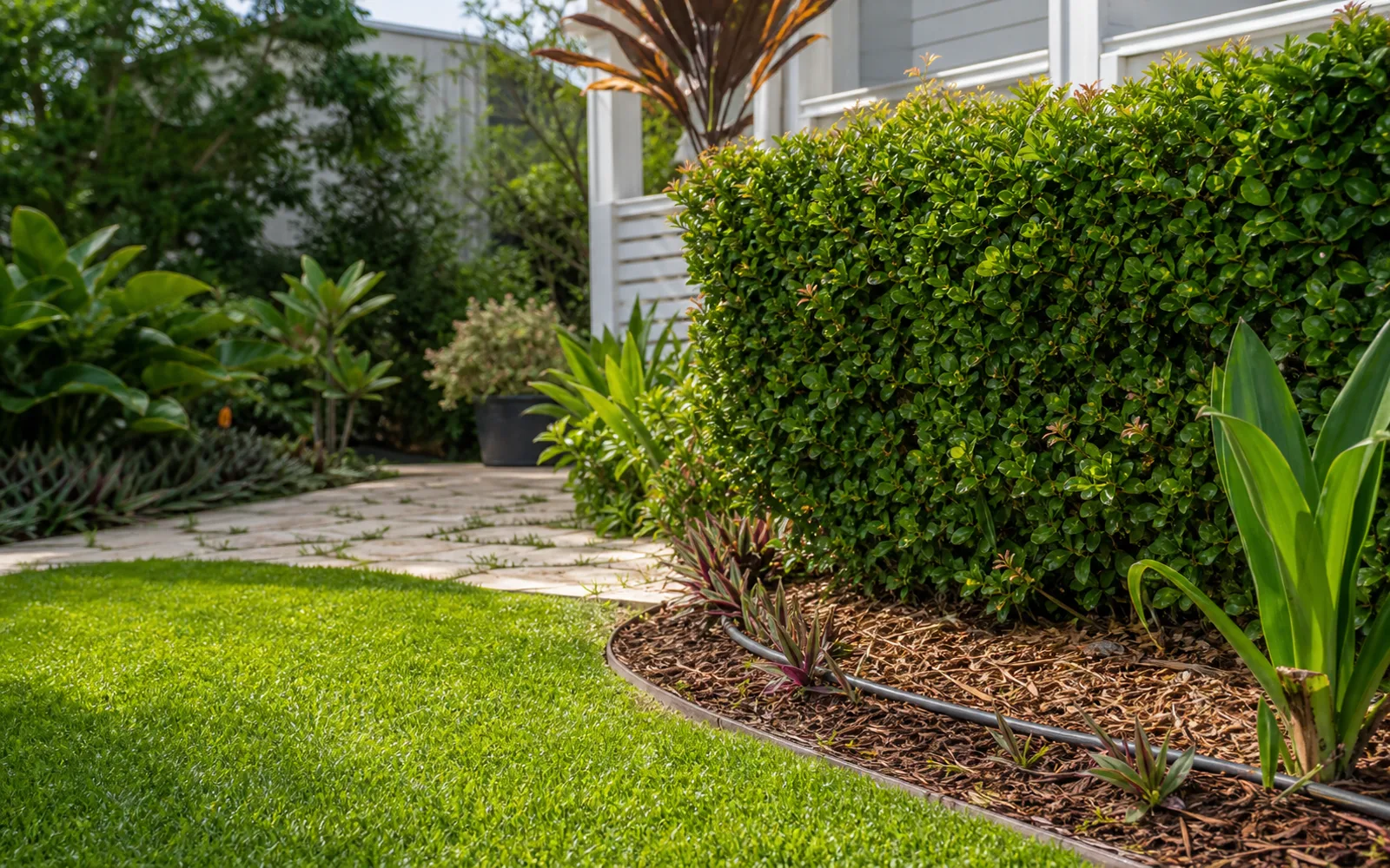 Maintained Brisbane garden with tidy lawn edge, hedge, mulch and irrigation detail