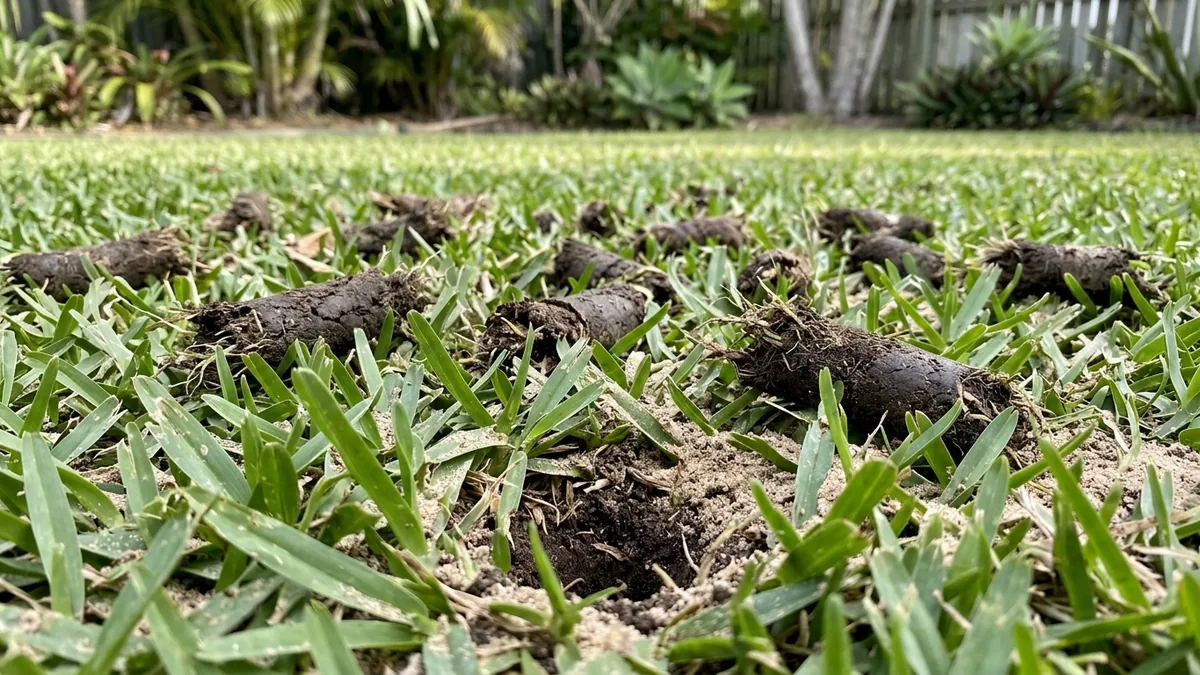 Soil cores from aeration and sandy top dressing being brushed into a lawn