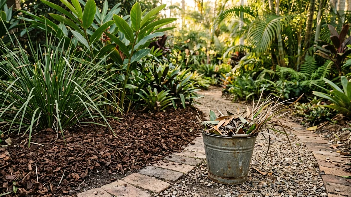 Freshly mulched garden bed in autumn