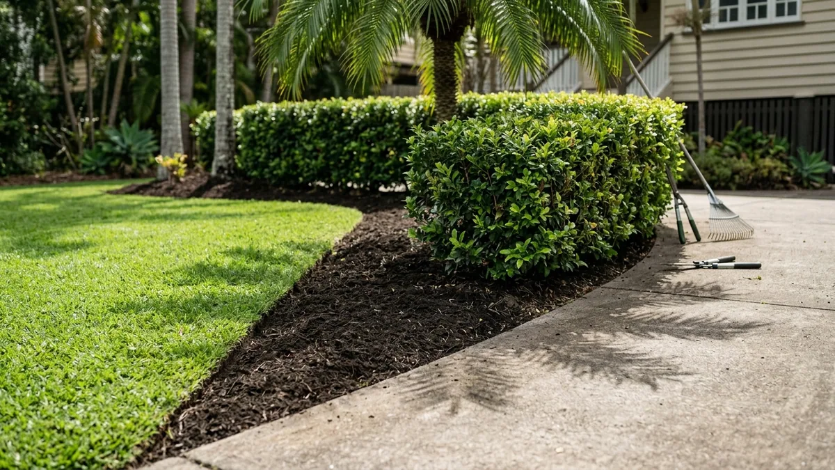 Neat lawn edge, trimmed hedge and mulched bed