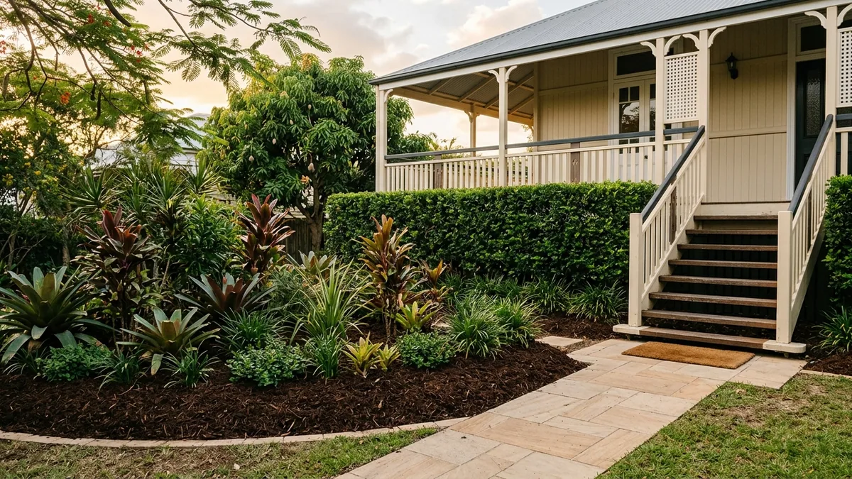 Freshly mulched entry garden and clipped hedge