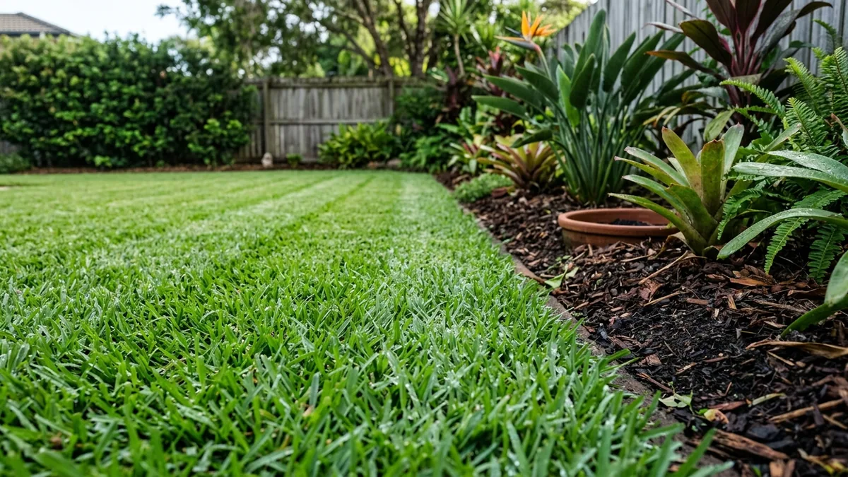 Brisbane lawn left a little longer beside planted garden beds