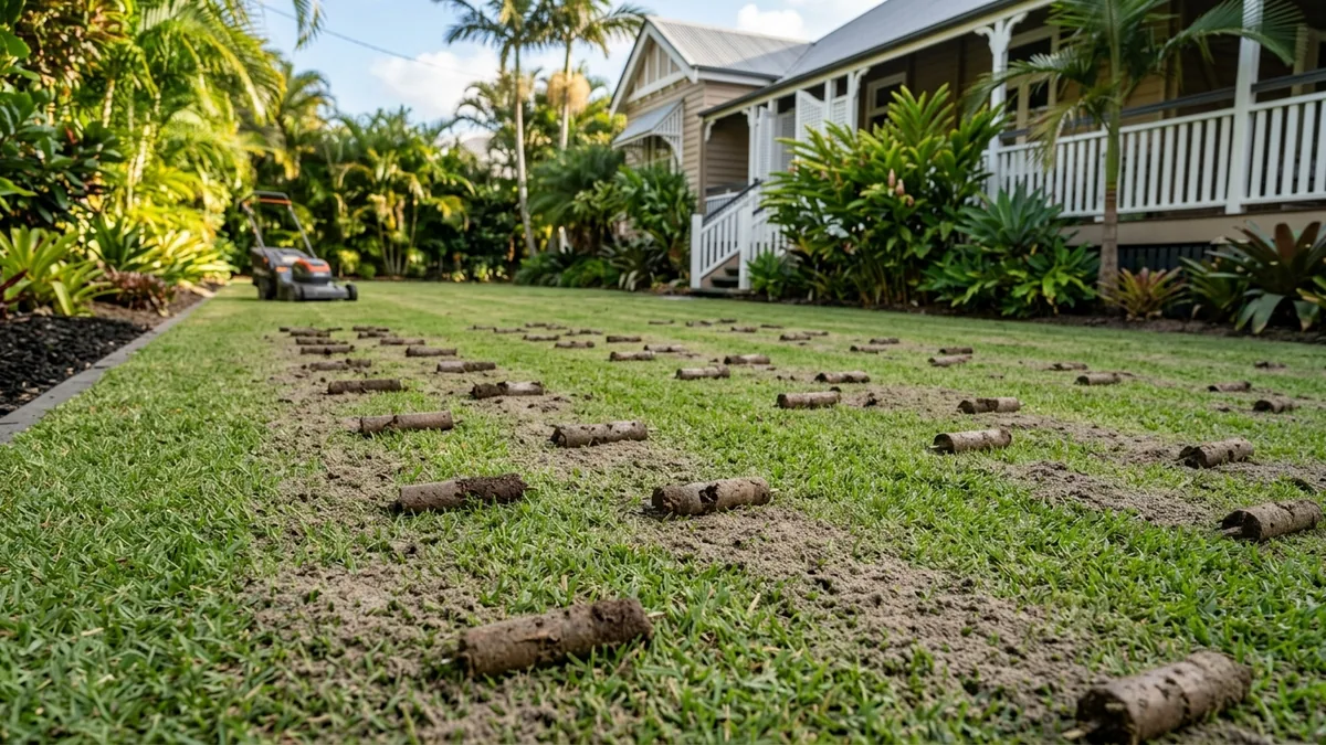 Brisbane lawn being aerated and top dressed with professional battery equipment nearby