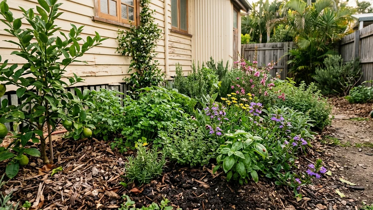 Garden beds full of plants around a home