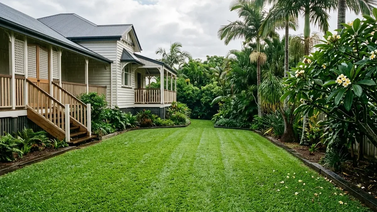 Healthy Brisbane lawn beside a Queenslander home in humid summer light